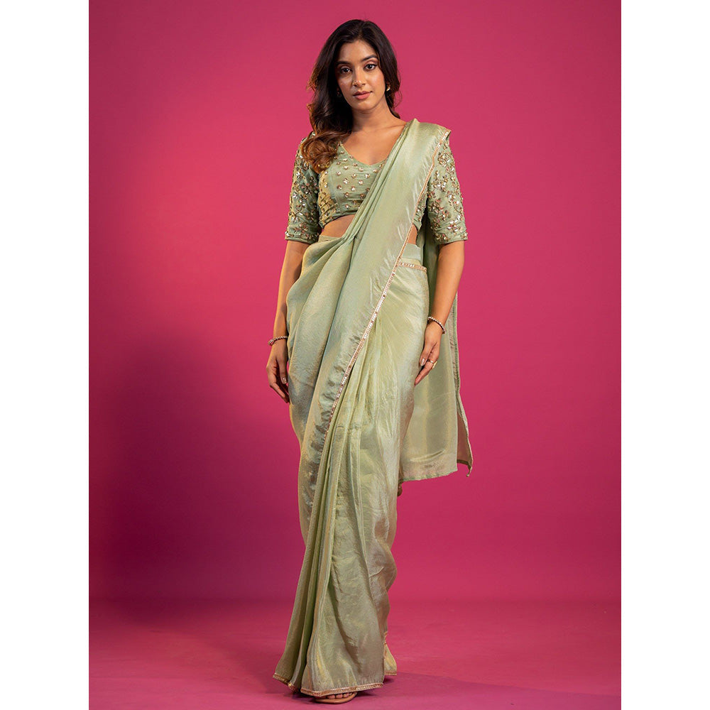 Harleen Kaur Green Tissue Pre-Draped Saree with Stitched Blouse