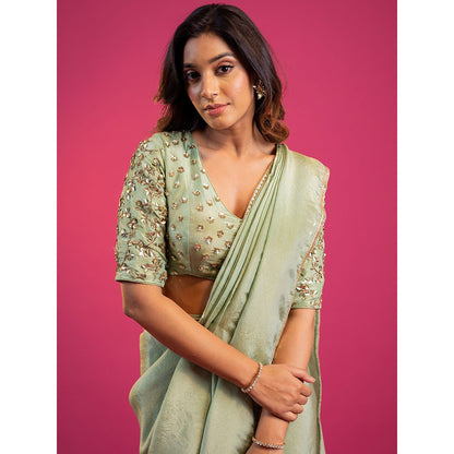 Harleen Kaur Green Tissue Pre-Draped Saree with Stitched Blouse