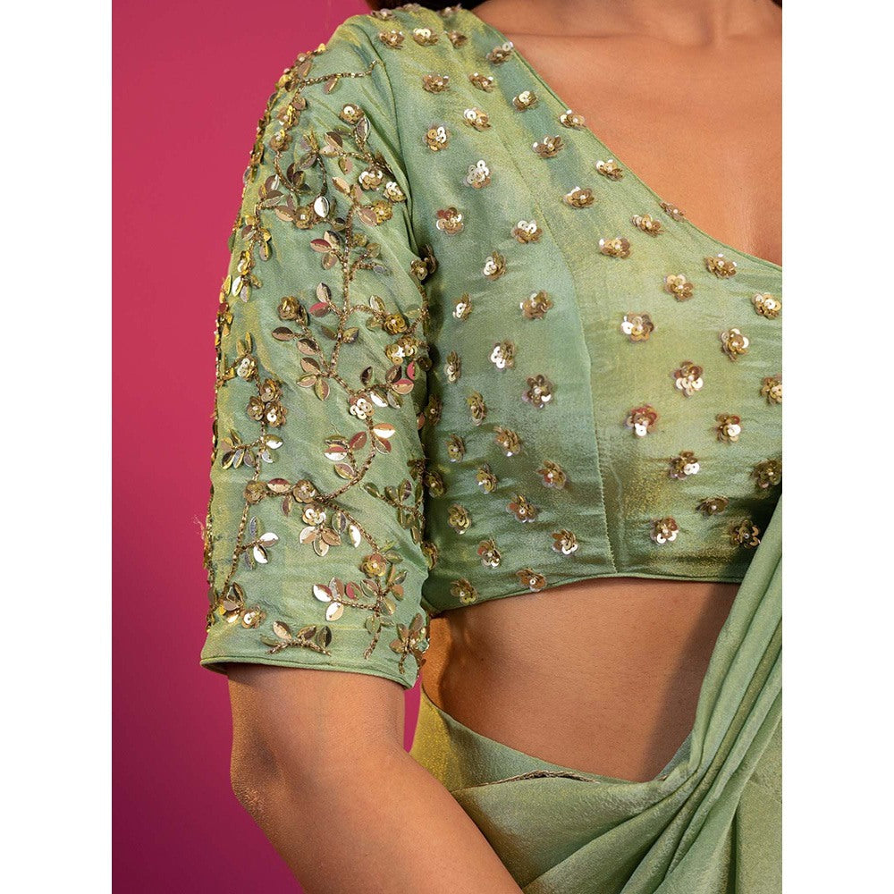 Harleen Kaur Green Tissue Pre-Draped Saree with Stitched Blouse