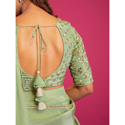 Harleen Kaur Green Tissue Pre-Draped Saree with Stitched Blouse