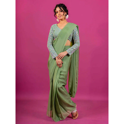 Harleen Kaur Green Pre-Draped Saree with Stitched Blouse