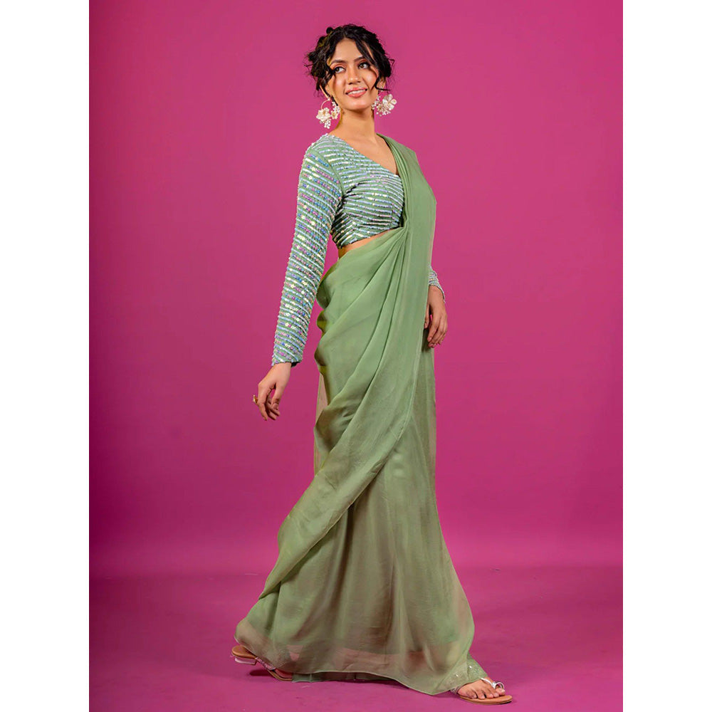 Harleen Kaur Green Pre-Draped Saree with Stitched Blouse