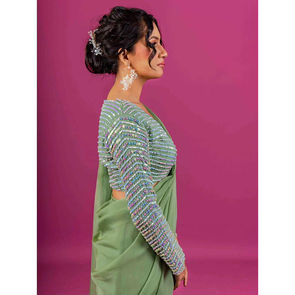 Harleen Kaur Green Pre-Draped Saree with Stitched Blouse