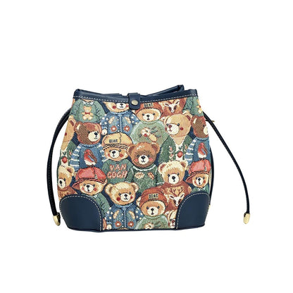 HENNEY BEAR Navy Blue Bear Bucket Bag with Detachable Strap