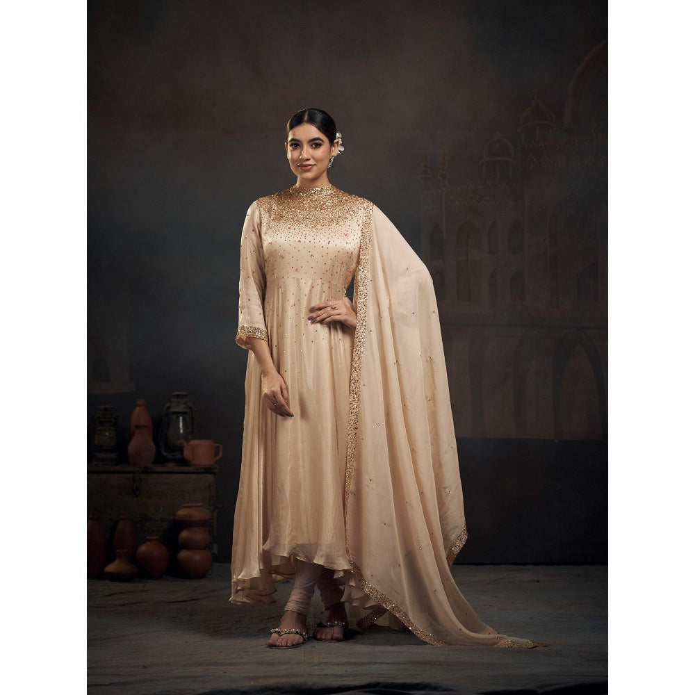 Hirika & Dhruti Up Down Beige Anarkali with Churidar and Dupatta (Set of 3)