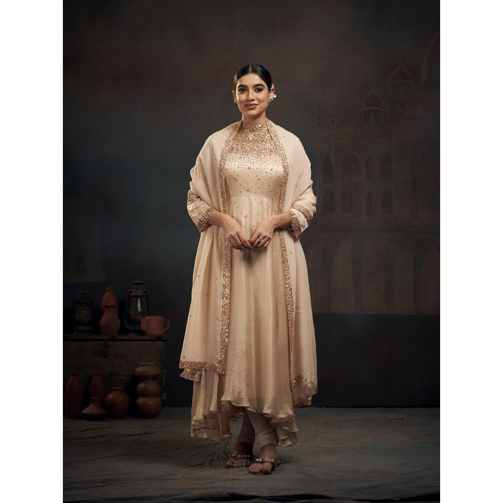 Hirika & Dhruti Up Down Beige Anarkali with Churidar and Dupatta (Set of 3)