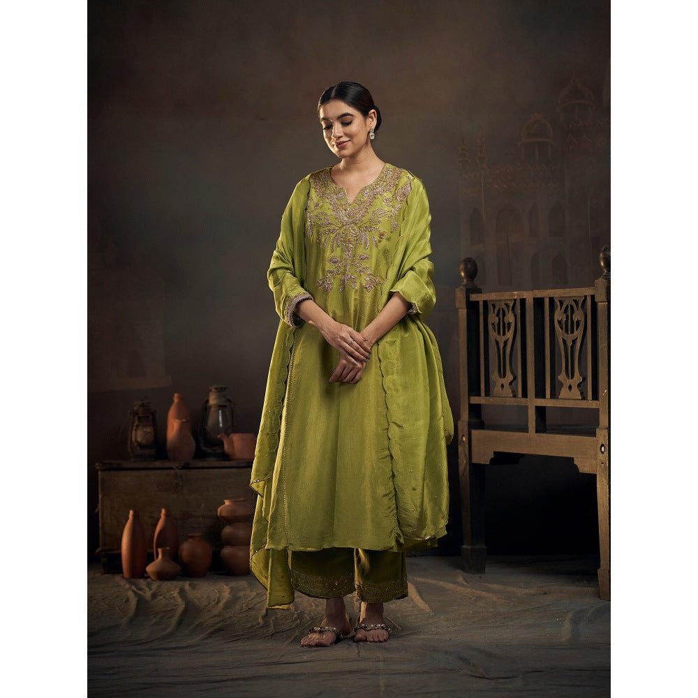 Hirika & Dhruti Green Zardozi Work Anarkali with Pant and Dupatta (Set of 3)
