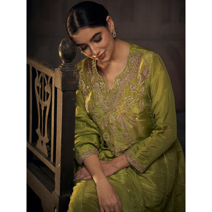 Hirika & Dhruti Green Zardozi Work Anarkali with Pant and Dupatta (Set of 3)