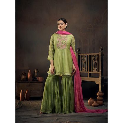Hirika & Dhruti Green Chinnon Peplum Kurta with Sharara and Dupatta (Set of 3)