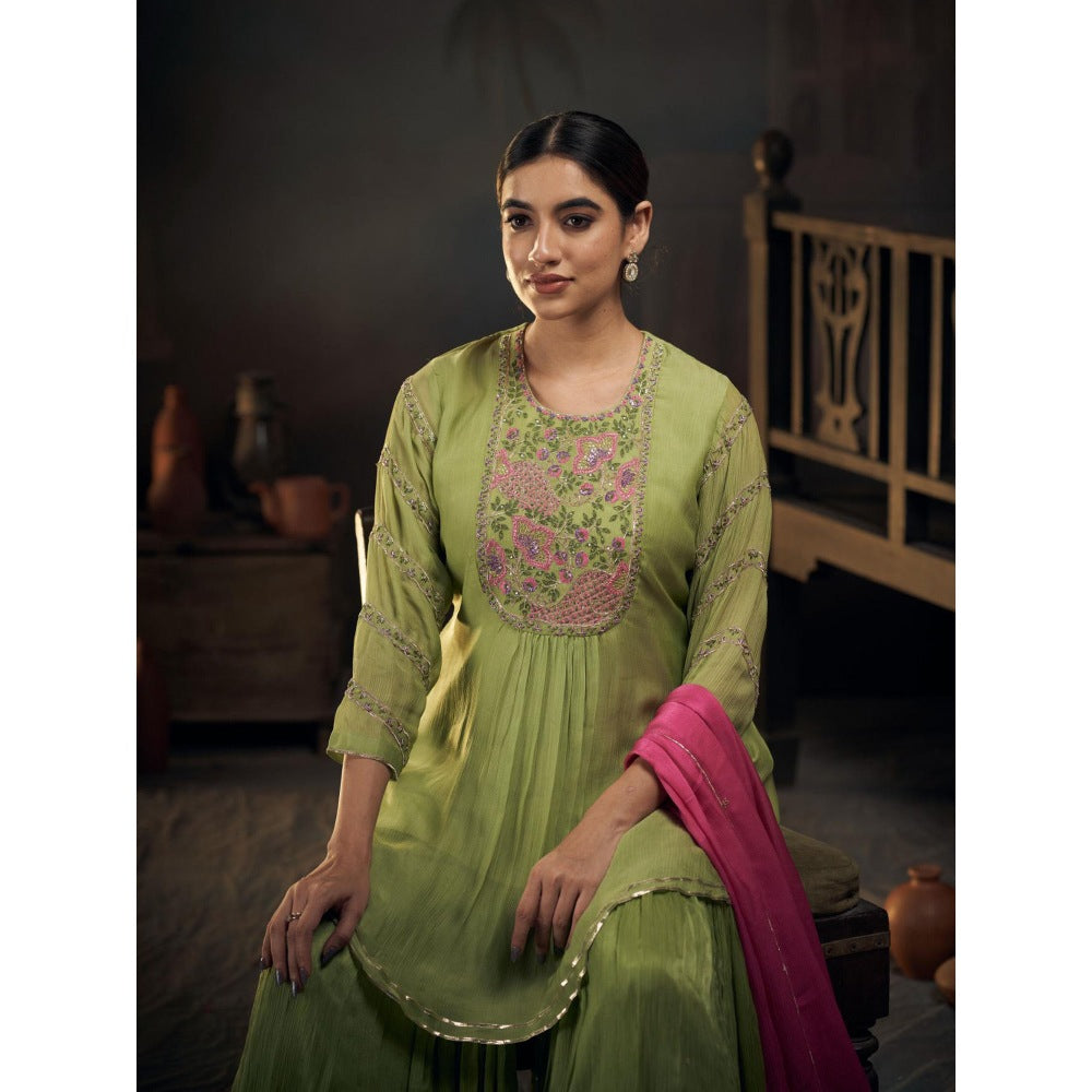 Hirika & Dhruti Green Chinnon Peplum Kurta with Sharara and Dupatta (Set of 3)