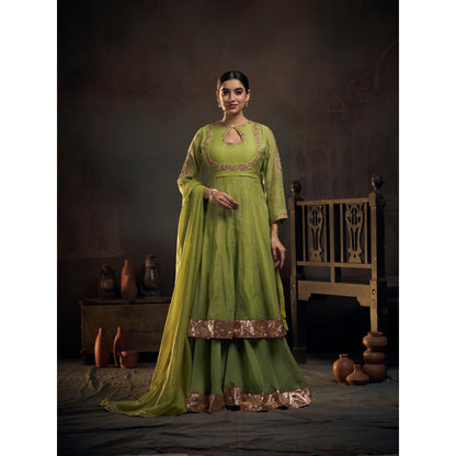 Hirika & Dhruti Green Chanderi Kalli Anarkali with Sharara and Dupatta (Set of 3)