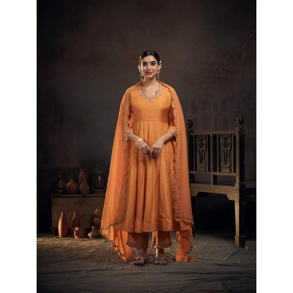 Hirika & Dhruti Orange Mirror and Thread Embroidered Anarkali with Pant and Dupatta (Set of 3)
