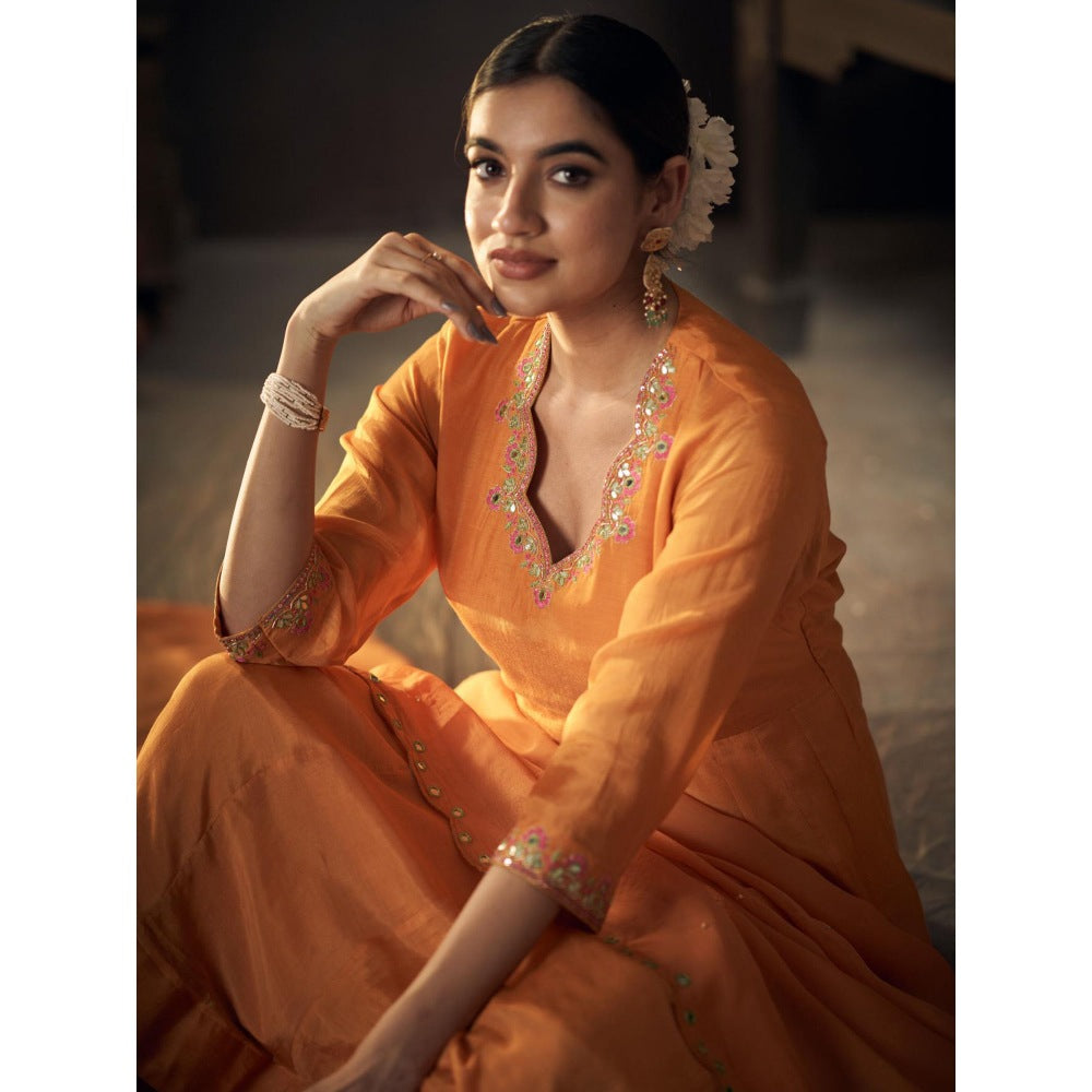 Hirika & Dhruti Orange Mirror and Thread Embroidered Anarkali with Pant and Dupatta (Set of 3)