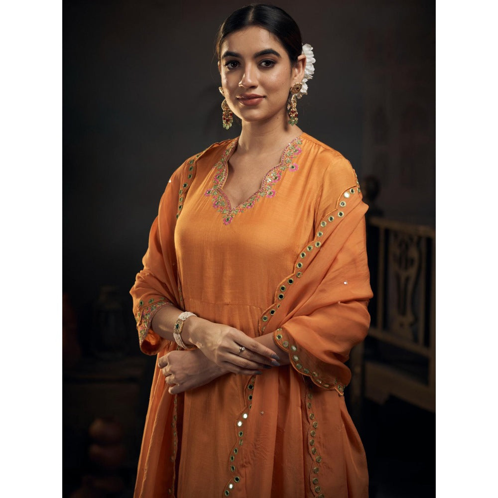 Hirika & Dhruti Orange Mirror and Thread Embroidered Anarkali with Pant and Dupatta (Set of 3)