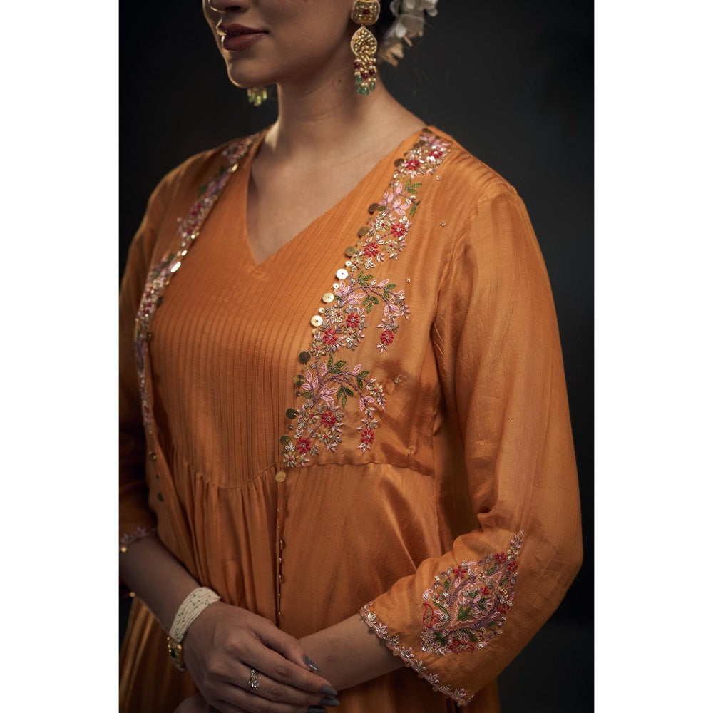 Hirika & Dhruti Mustard Thread Embroidered Jacket Kurta with Pant (Set of 2)