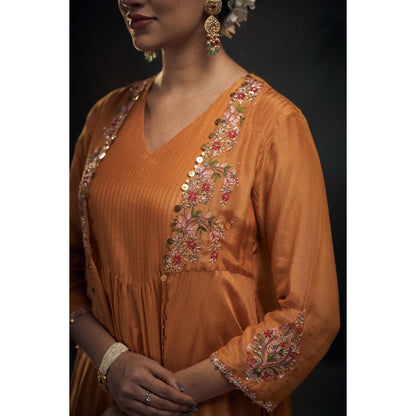 Hirika & Dhruti Mustard Thread Embroidered Jacket Kurta with Pant (Set of 2)