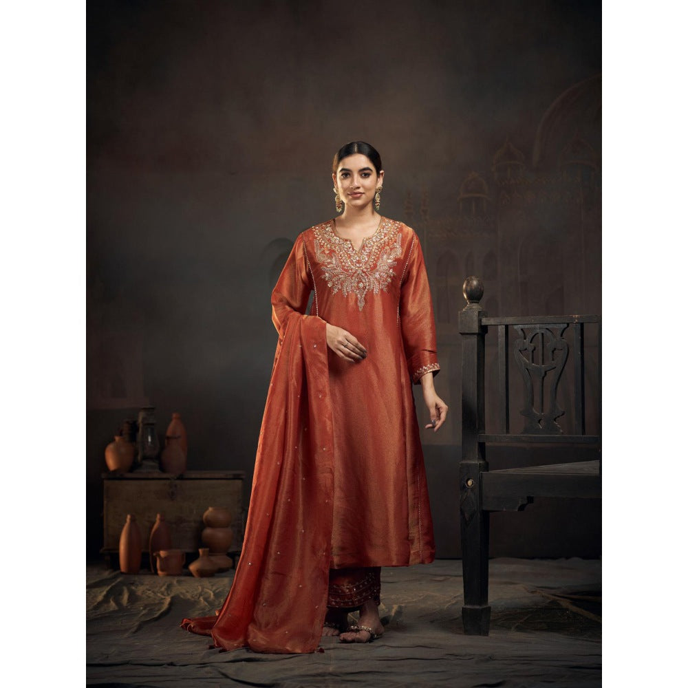 Hirika & Dhruti Rust Zardozi Work Tissue Anarkali with Pant and Dupatta (Set of 3)