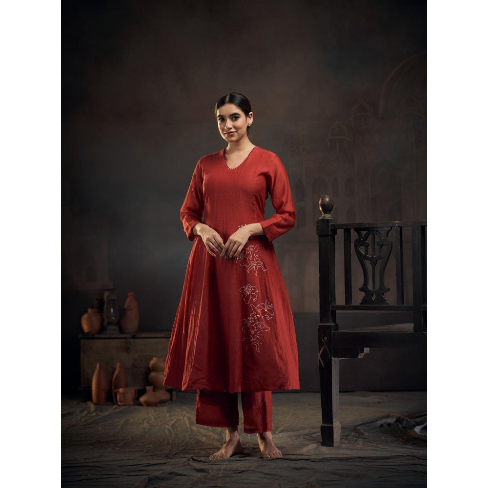 Hirika & Dhruti Red Chanderi Self Flower Anarkali with Pant (Set of 2)