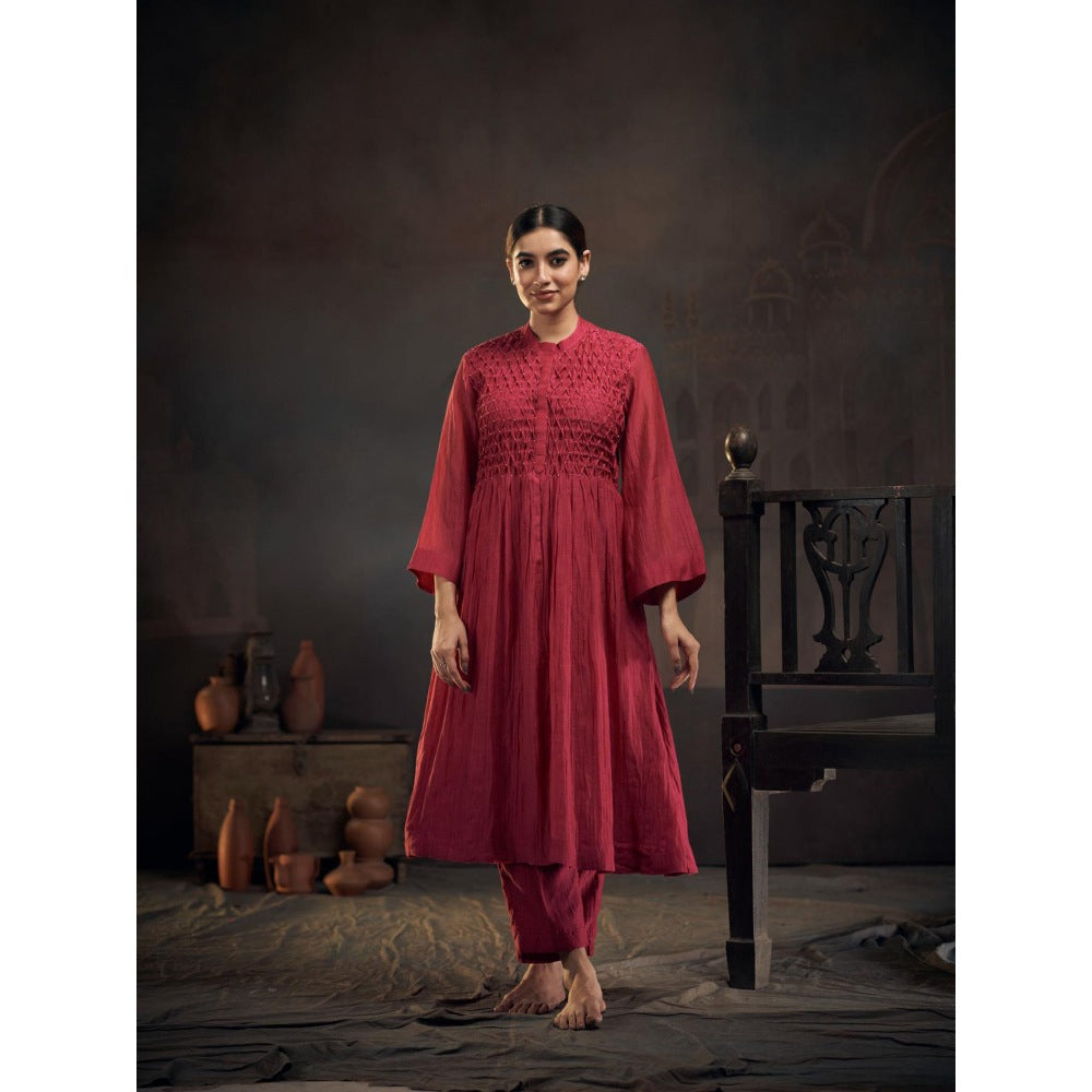 Hirika & Dhruti Maroon Chanderi Smoking Anarkali with Pant (Set of 2)