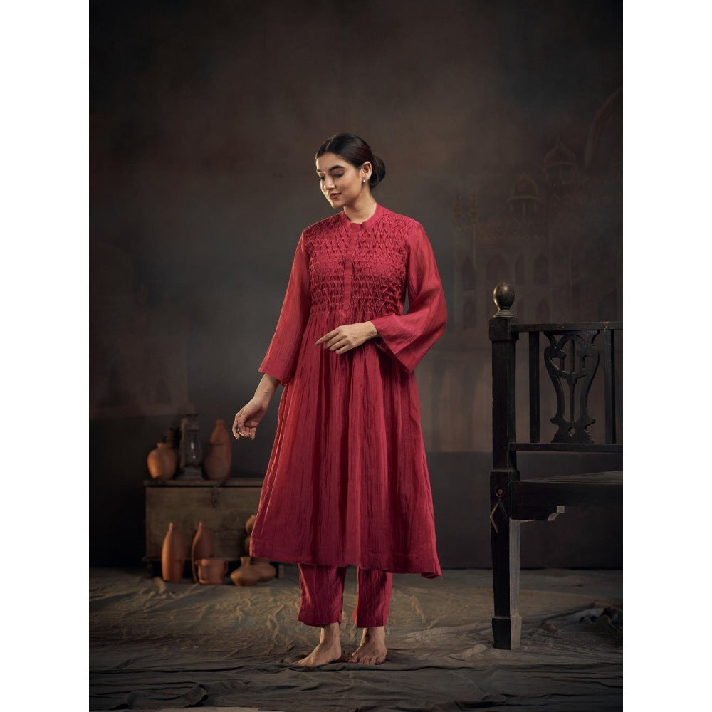 Hirika & Dhruti Maroon Chanderi Smoking Anarkali with Pant (Set of 2)