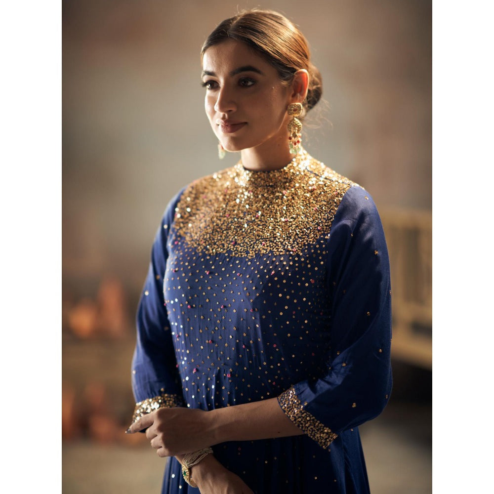 Hirika & Dhruti Up Down Blue Anarkali with Churidar and Dupatta (Set of 3)