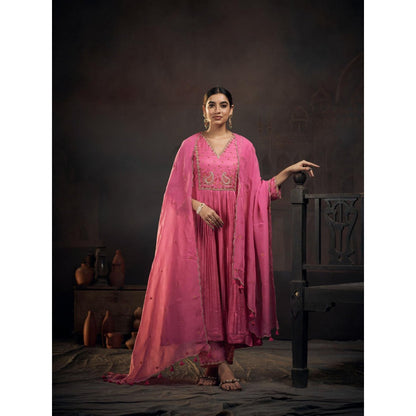 Hirika & Dhruti Pink Moti and Thread Embroidered Anarkali with Pant and Dupatta (Set of 3)