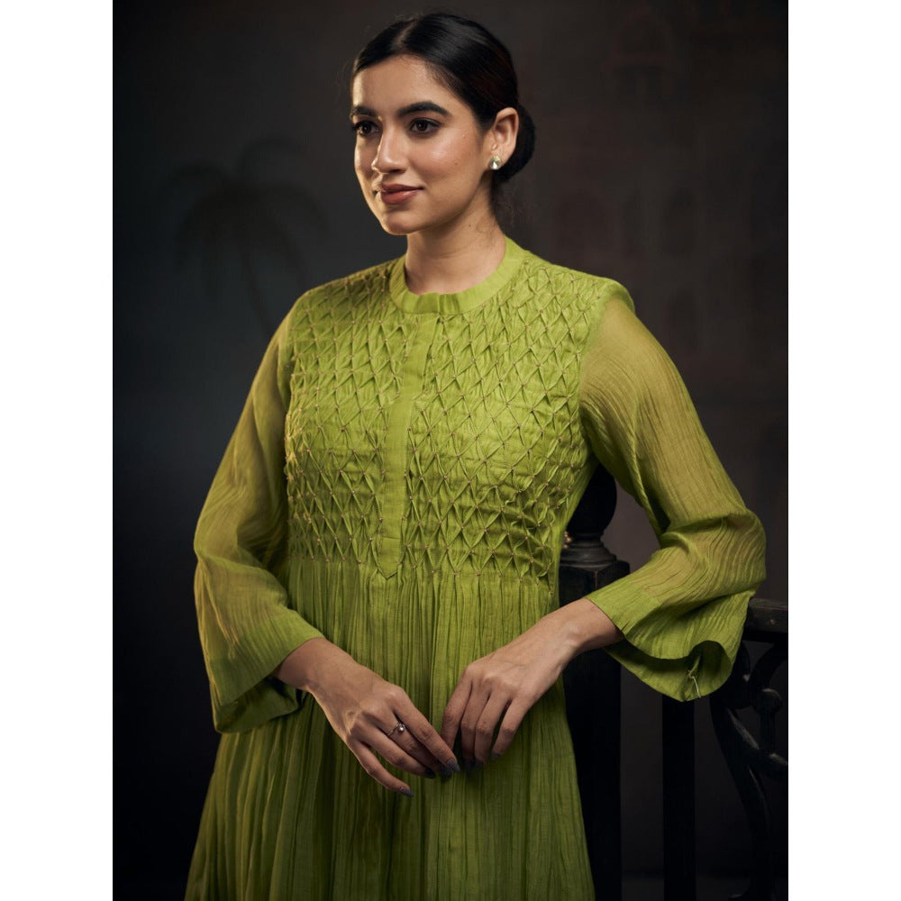 Hirika & Dhruti Green Chanderi Smoking Anarkali with Pant and Dupatta (Set of 3)