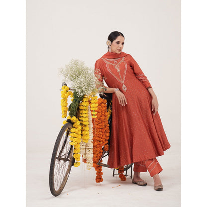 Hirika & Dhruti Rust Hand Embroidered Anarkali with Pant and Dupatta (Set of 3)