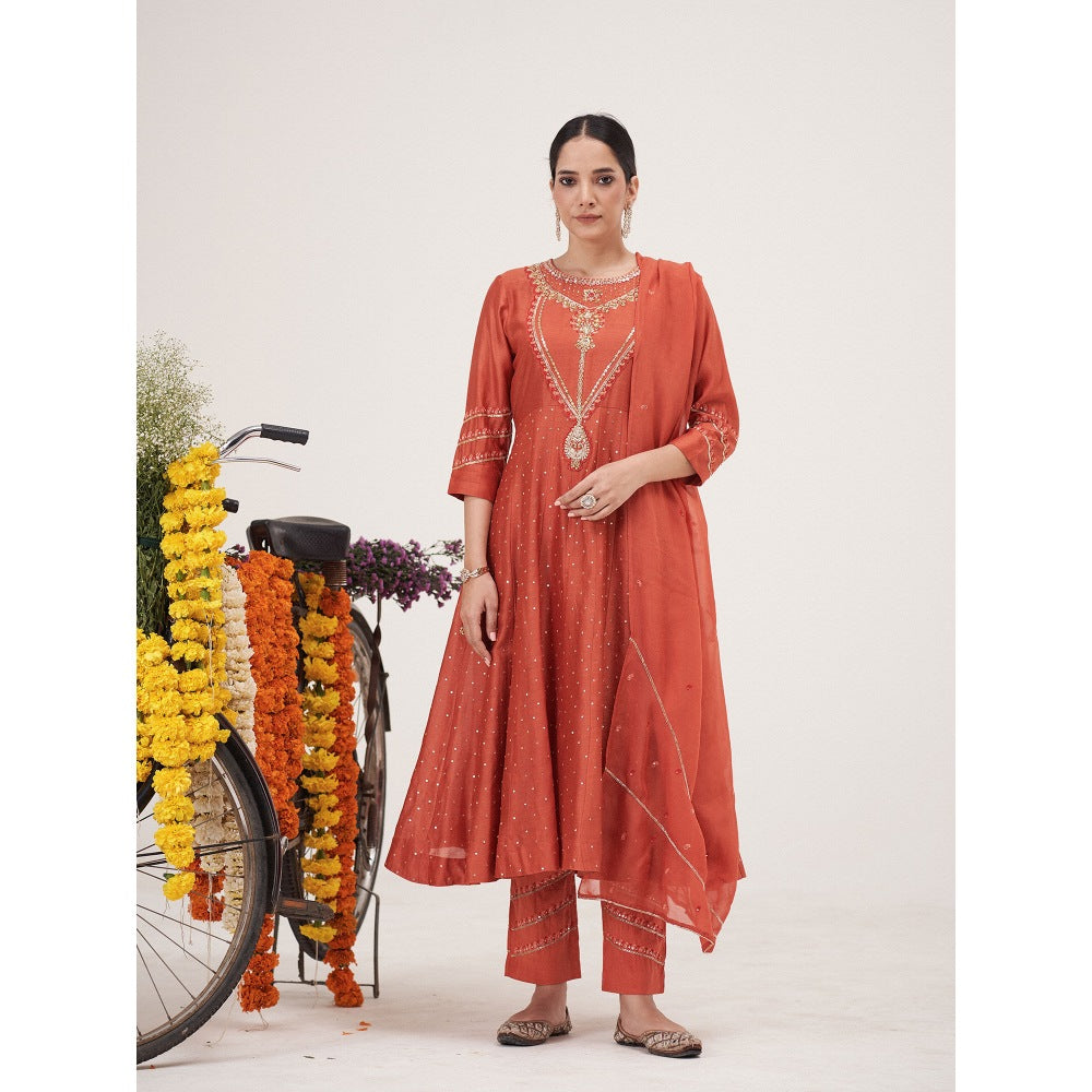 Hirika & Dhruti Rust Hand Embroidered Anarkali with Pant and Dupatta (Set of 3)