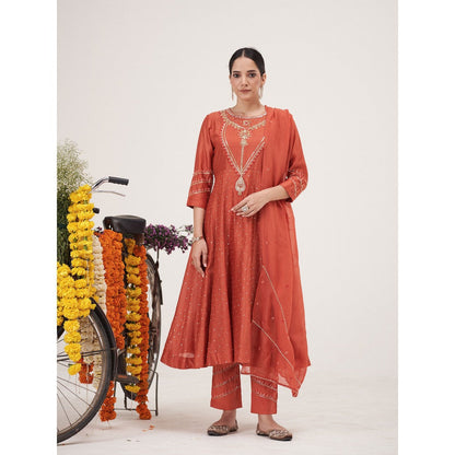 Hirika & Dhruti Rust Hand Embroidered Anarkali with Pant and Dupatta (Set of 3)