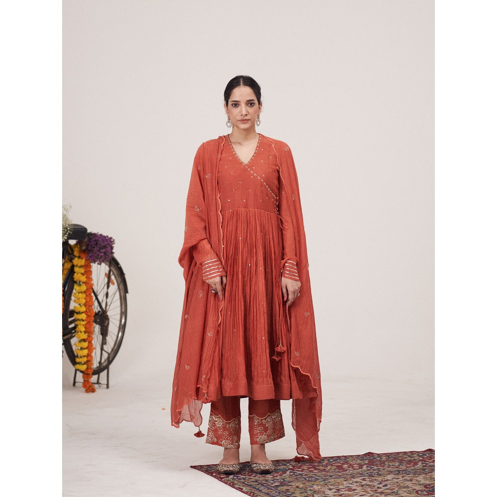 Hirika & Dhruti Rust Hand Embroidered Metal Tikki Angarkha with Pant and Dupatta (Set of 3)