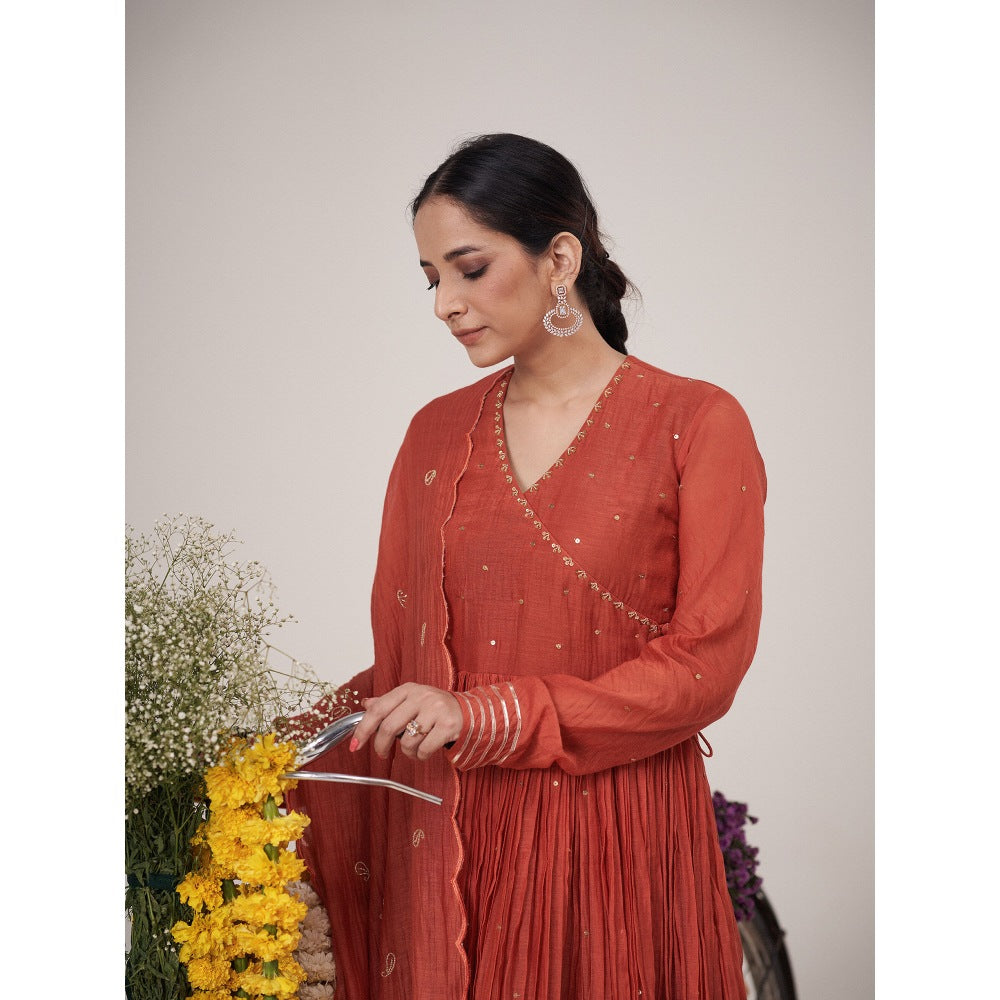 Hirika & Dhruti Rust Hand Embroidered Metal Tikki Angarkha with Pant and Dupatta (Set of 3)