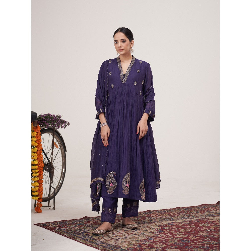 Hirika & Dhruti Blue Machine Embroidered Anarkali with Pant and Dupatta (Set of 3)