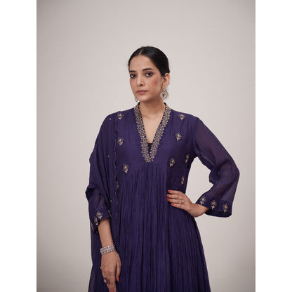 Hirika & Dhruti Blue Machine Embroidered Anarkali with Pant and Dupatta (Set of 3)