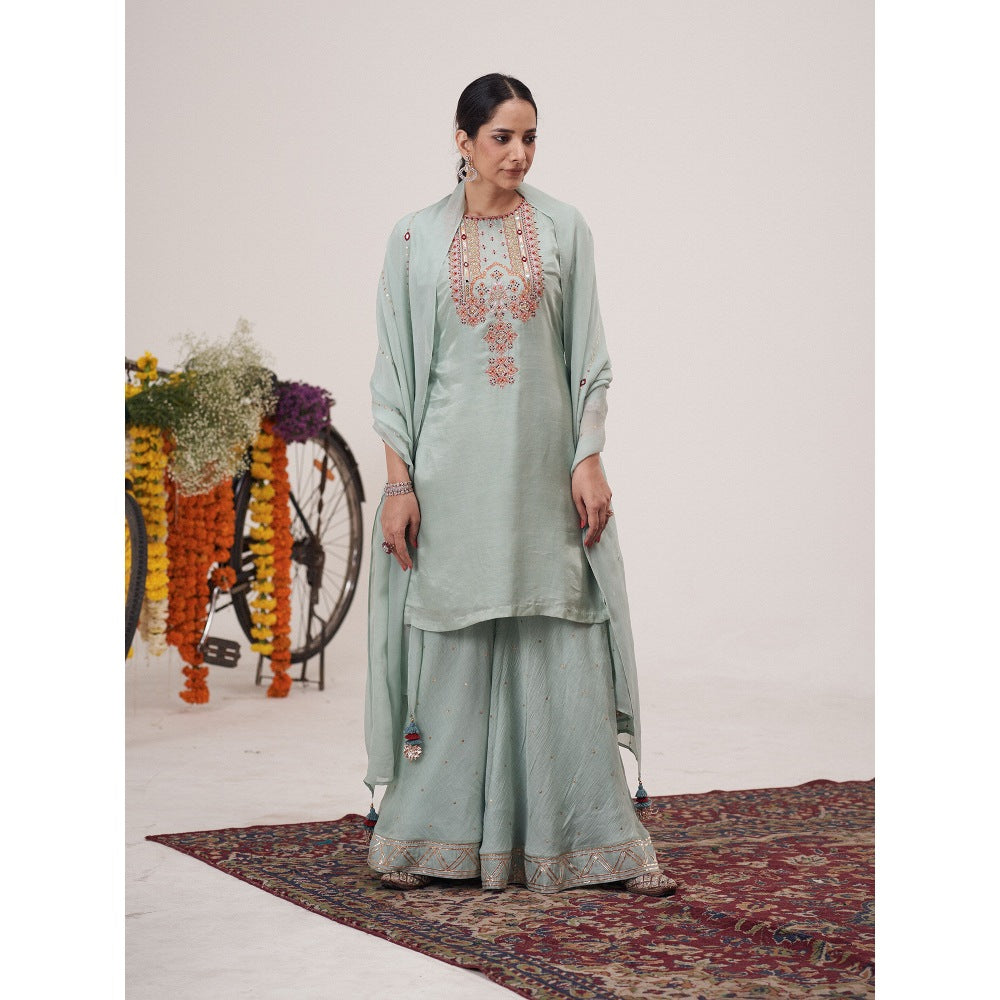 Hirika & Dhruti Blue Resham Hand Embroidered Kurta with Palazzo and Dupatta (Set of 3)
