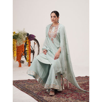 Hirika & Dhruti Blue Resham Hand Embroidered Kurta with Palazzo and Dupatta (Set of 3)