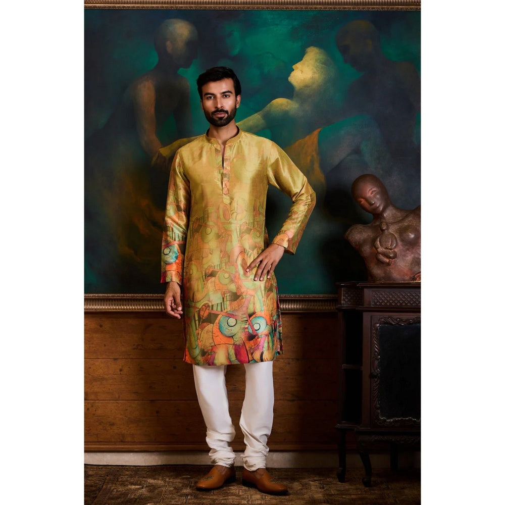 HISTORI Cotton Silk Men Olive Abstract Kurta with Churidar