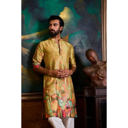 HISTORI Cotton Silk Men Olive Abstract Kurta with Churidar