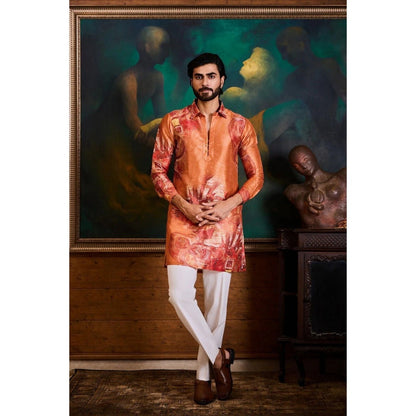 HISTORI Silk Men Orange Abstract Kurta with Pant