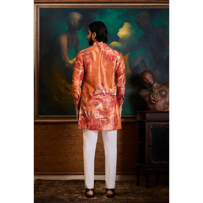 HISTORI Silk Men Orange Abstract Kurta with Pant