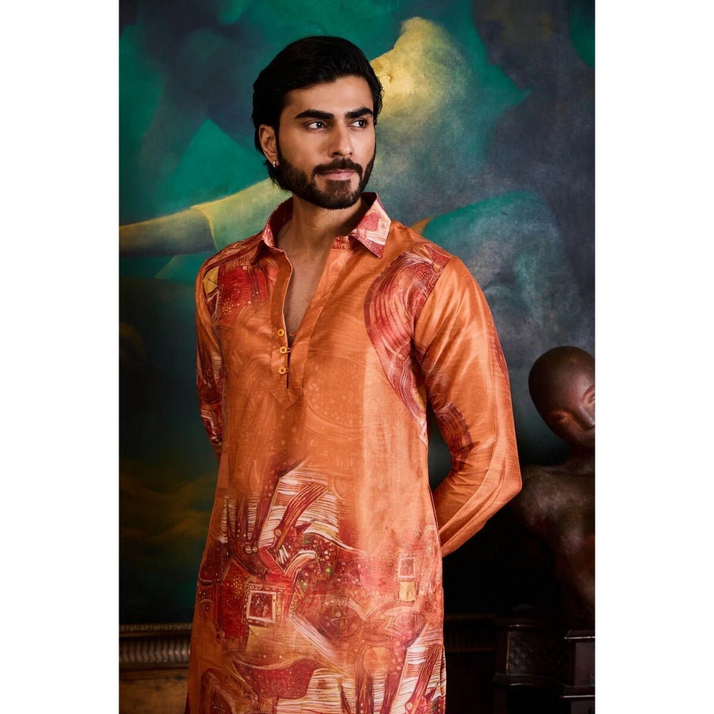 HISTORI Silk Men Orange Abstract Kurta with Pant