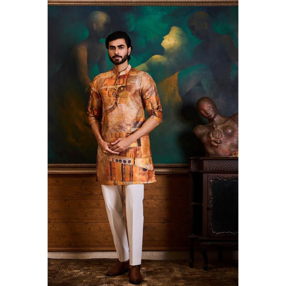 HISTORI Cotton Silk Men Mustard Abstract Kurta with Churidar