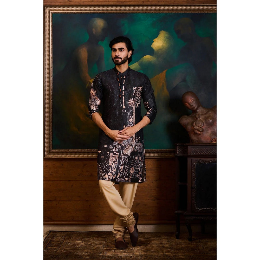 HISTORI Cotton Silk Men Black Geometric Kurta with Churidar