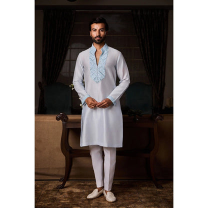 HISTORI Chanderi Silk Men Blue Embroidered Kurta with Trouser