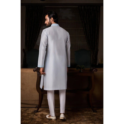 HISTORI Chanderi Silk Men Blue Embroidered Kurta with Trouser