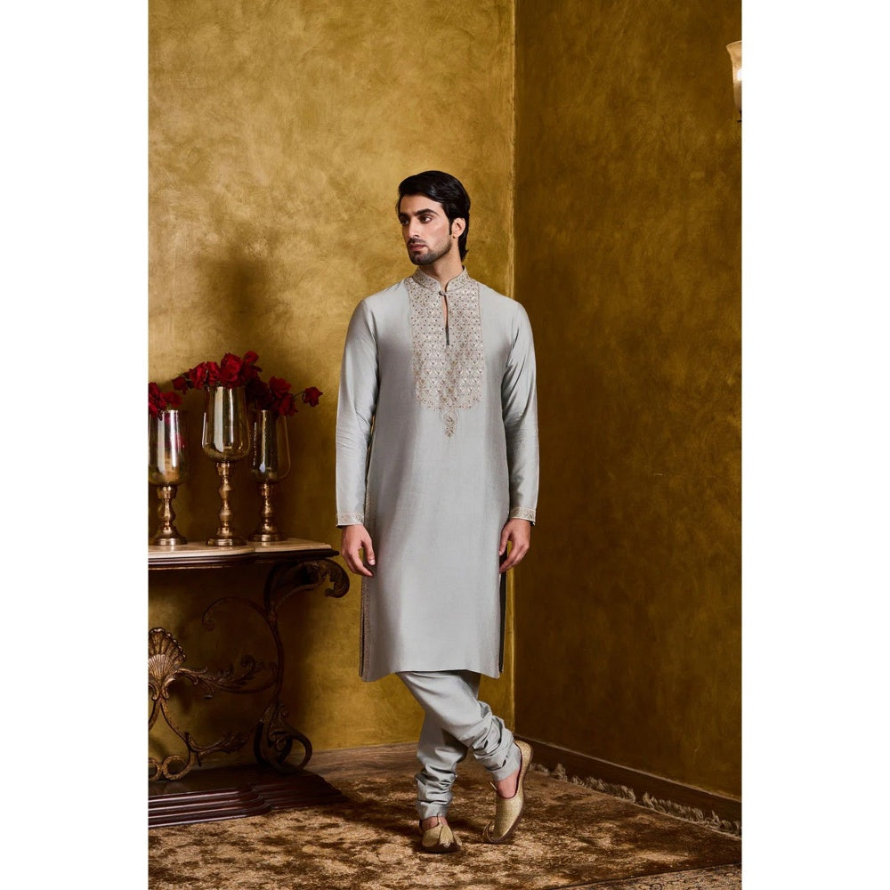 HISTORI Cotton Silk Men Grey Embroidered Kurta with Churidar