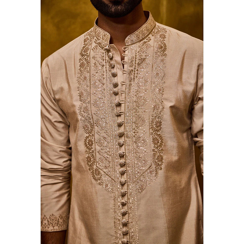 HISTORI Cotton Silk Men Beige Embroidered Kurta with Salwar