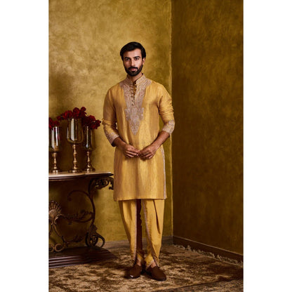 HISTORI Chanderi Men Mustard Embroidered Kurta with Dhoti