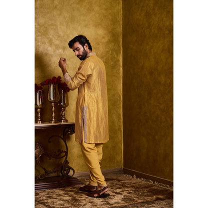 HISTORI Chanderi Men Mustard Embroidered Kurta with Dhoti