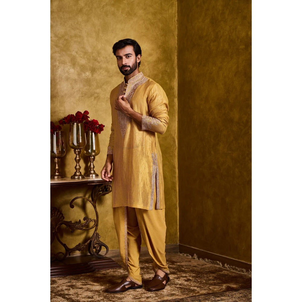 HISTORI Chanderi Men Mustard Embroidered Kurta with Dhoti